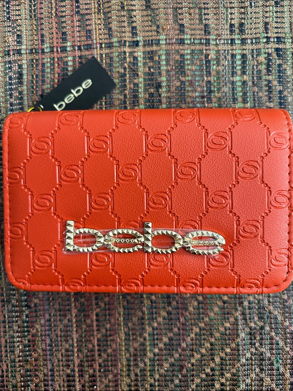 bebe Celia Monogram Flap Crossbody Sunset Coral Embossed Logo
